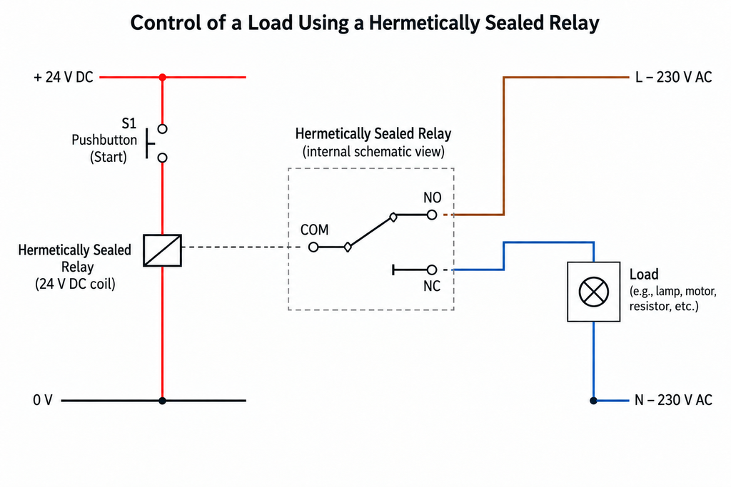 Electrical diagram including a hermetically sealed relay.